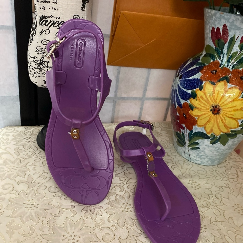 Coach Piccadilly Women 7 Purple/Grape Jelly Thong & Buckle Logo Flats Sandals